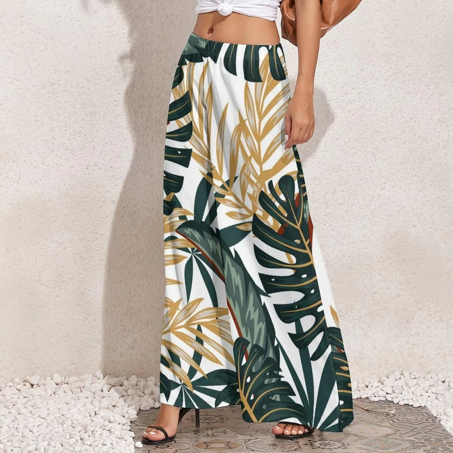 Womens Pants Elastic High Waist Watercolor Tropical Leaf Palazzo Pants Casual Wide Leg Lounge Pants for Women