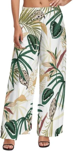 Womens Pants Elastic High Waist Watercolor Tropical Leaf Palazzo Pants Casual Wide Leg Lounge Pants for Women