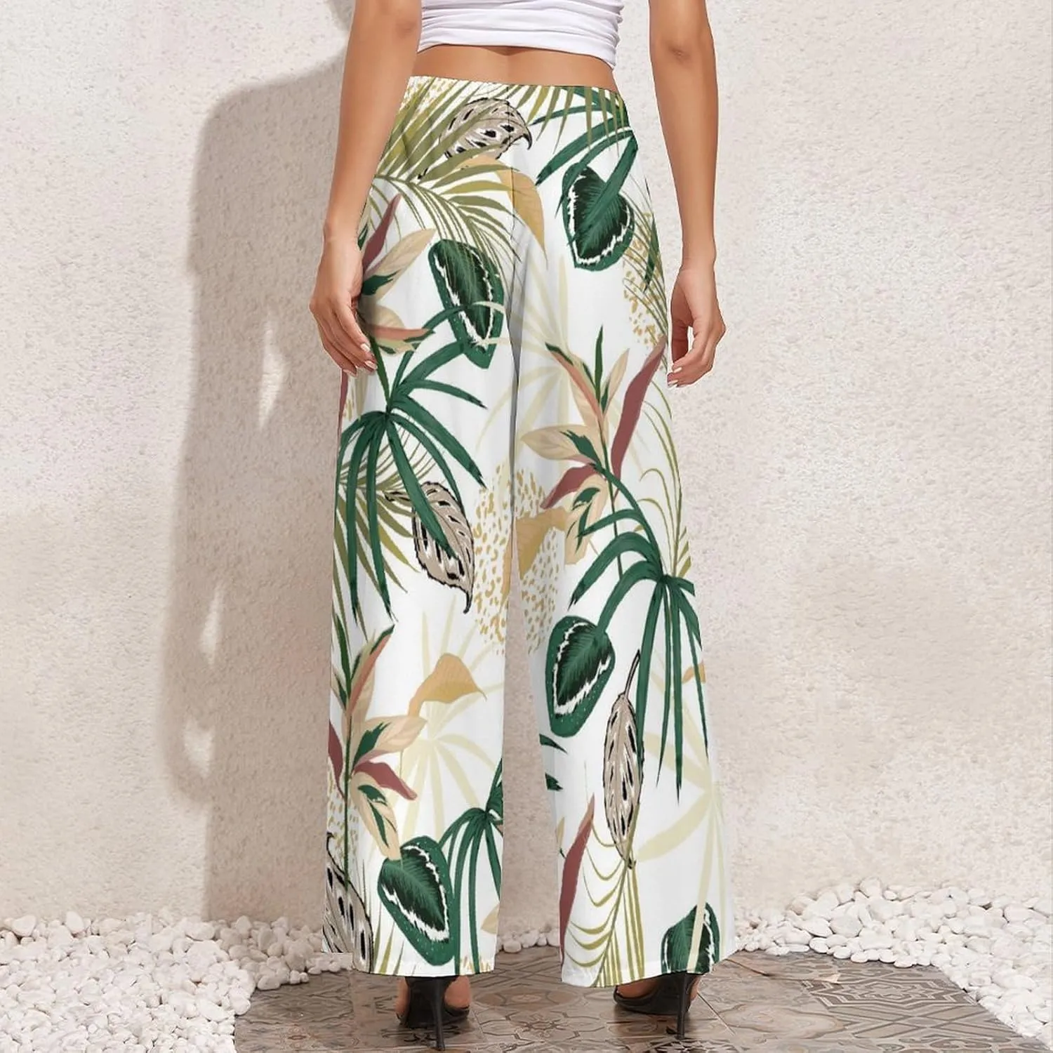 Womens Pants Elastic High Waist Watercolor Tropical Leaf Palazzo Pants Casual Wide Leg Lounge Pants for Women