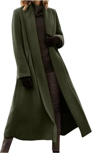 Women's Pea Trench Coat Lapel Collar Long Jacket Open Front Belted Overcoat with Pockets Trendy Warm Winter Coats