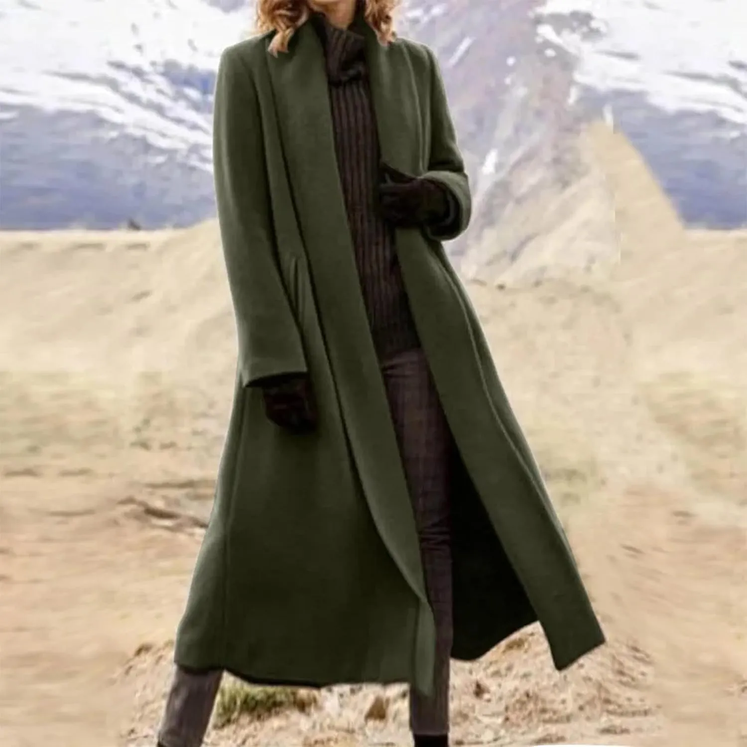Women's Pea Trench Coat Lapel Collar Long Jacket Open Front Belted Overcoat with Pockets Trendy Warm Winter Coats