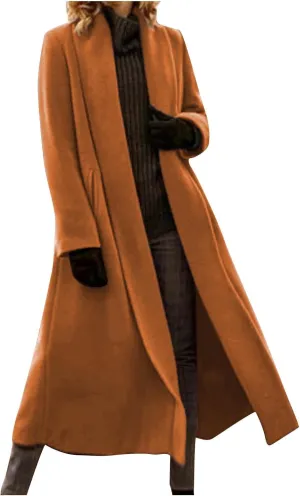 Women's Pea Trench Coat Lapel Collar Long Jacket Open Front Belted Overcoat with Pockets Trendy Warm Winter Coats