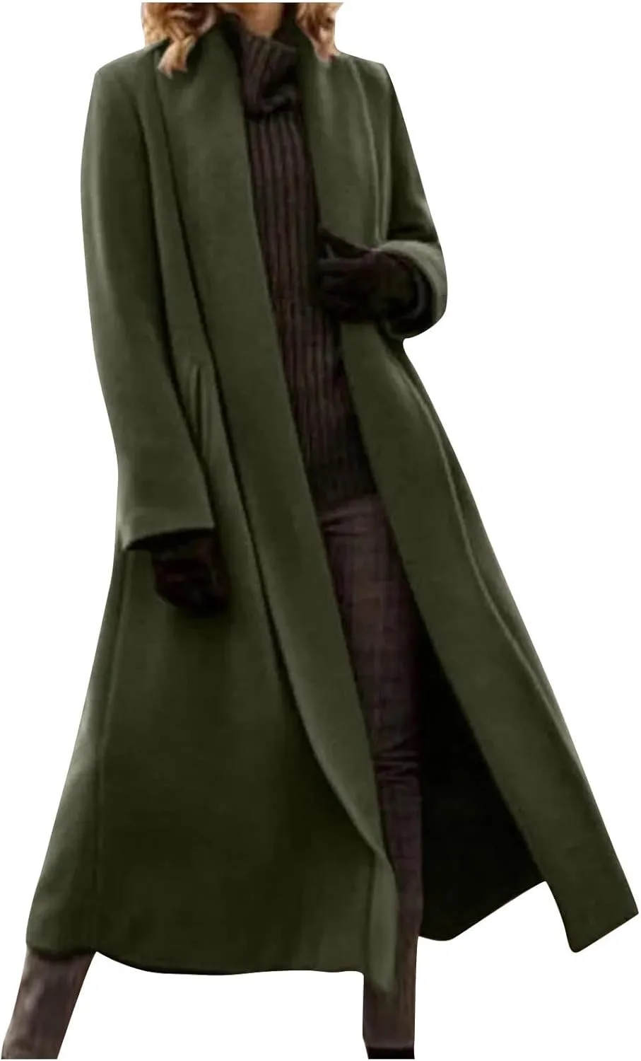 Women's Pea Trench Coat Lapel Collar Long Jacket Open Front Belted Overcoat with Pockets Trendy Warm Winter Coats