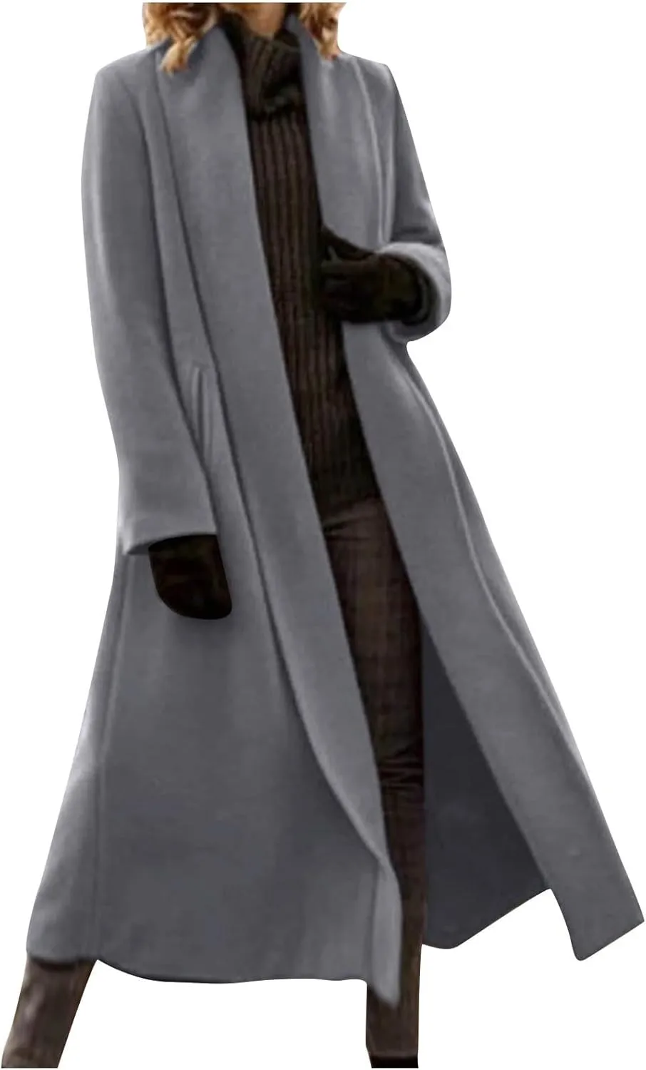 Women's Pea Trench Coat Lapel Collar Long Jacket Open Front Belted Overcoat with Pockets Trendy Warm Winter Coats