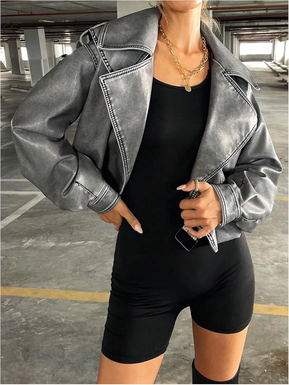 Women's PU Leather Cropped Jacket Long Sleeve Lapel Collar Moto Biker Jacket Outerwear