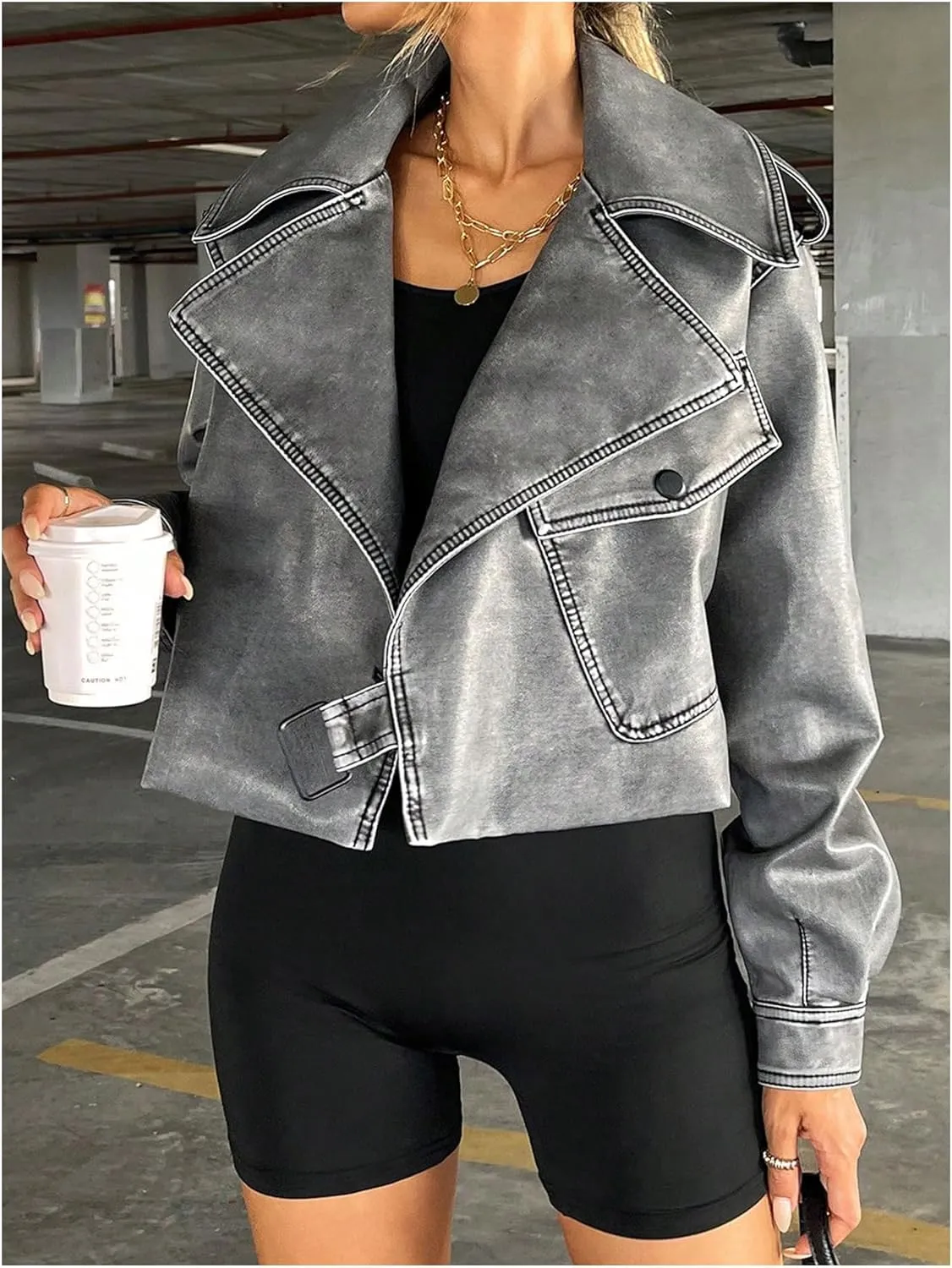 Women's PU Leather Cropped Jacket Long Sleeve Lapel Collar Moto Biker Jacket Outerwear