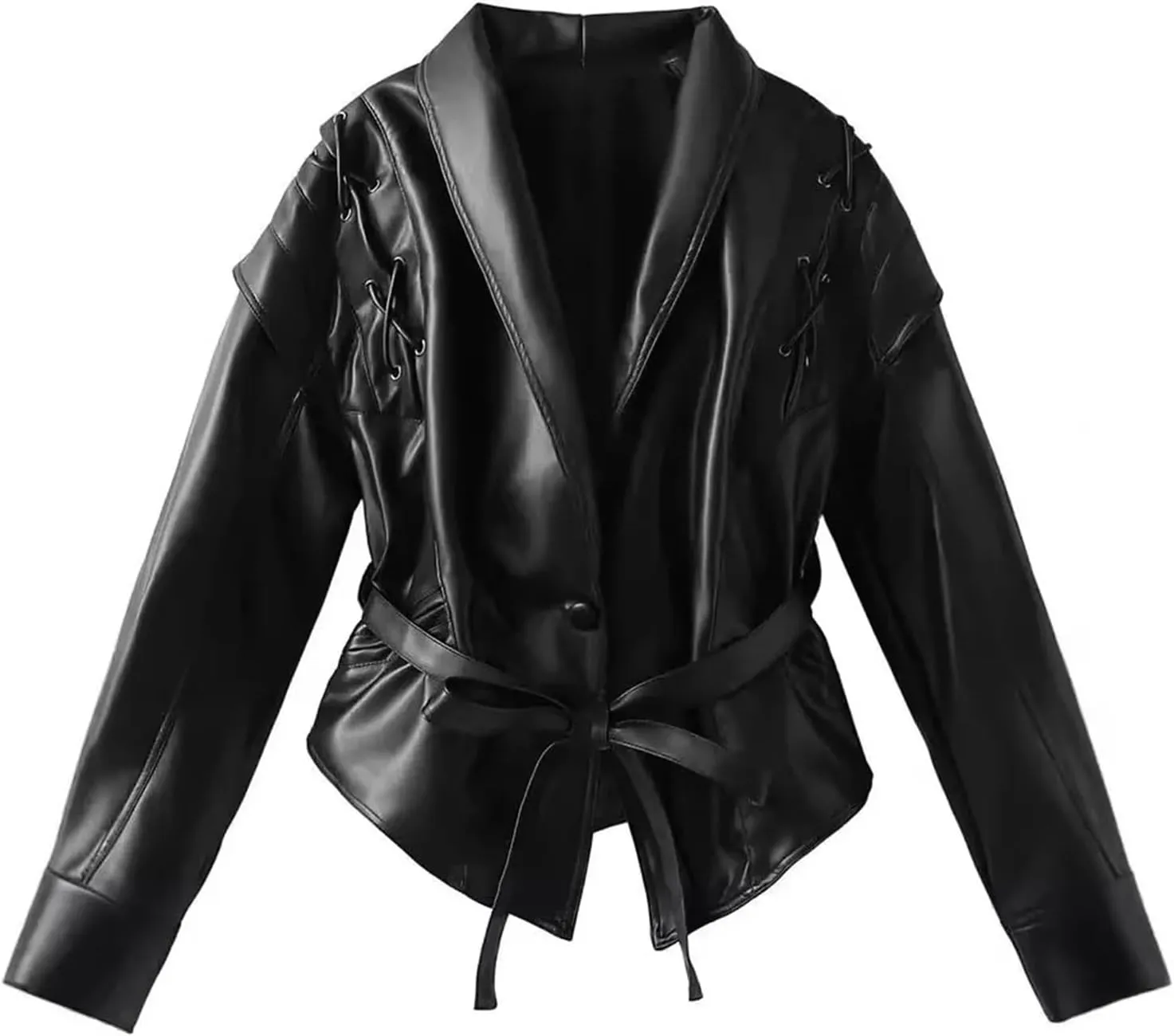 Women's Retro Solid Color Lapel Lace Leather Jacket Long Sleeve Pocket Short Loose Jacket