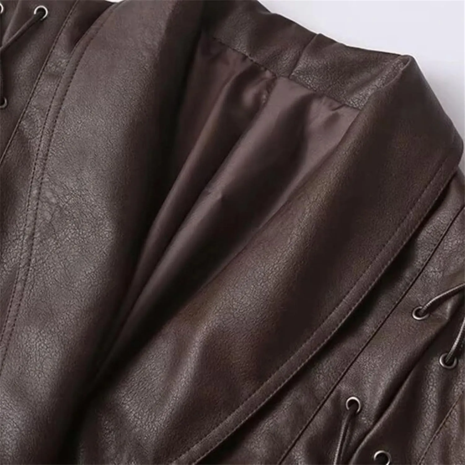 Women's Retro Solid Color Lapel Lace Leather Jacket Long Sleeve Pocket Short Loose Jacket