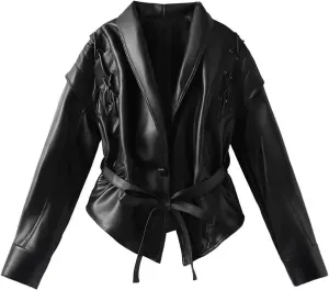 Women's Retro Solid Color Lapel Lace Leather Jacket Long Sleeve Pocket Short Loose Jacket