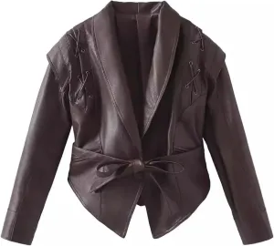 Women's Retro Solid Color Lapel Lace Leather Jacket Long Sleeve Pocket Short Loose Jacket