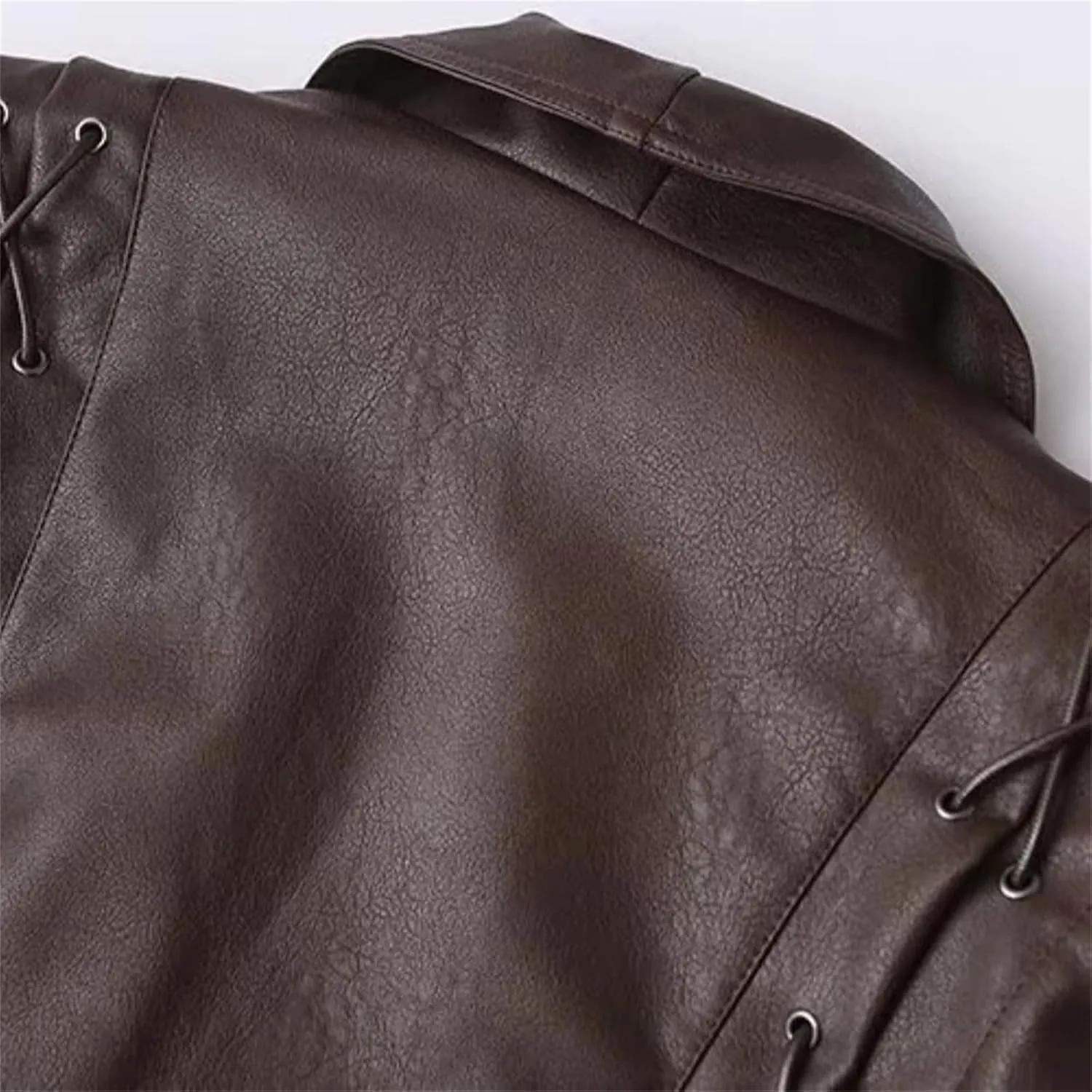 Women's Retro Solid Color Lapel Lace Leather Jacket Long Sleeve Pocket Short Loose Jacket