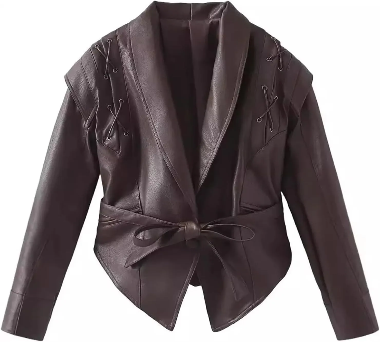 Women's Retro Solid Color Lapel Lace Leather Jacket Long Sleeve Pocket Short Loose Jacket