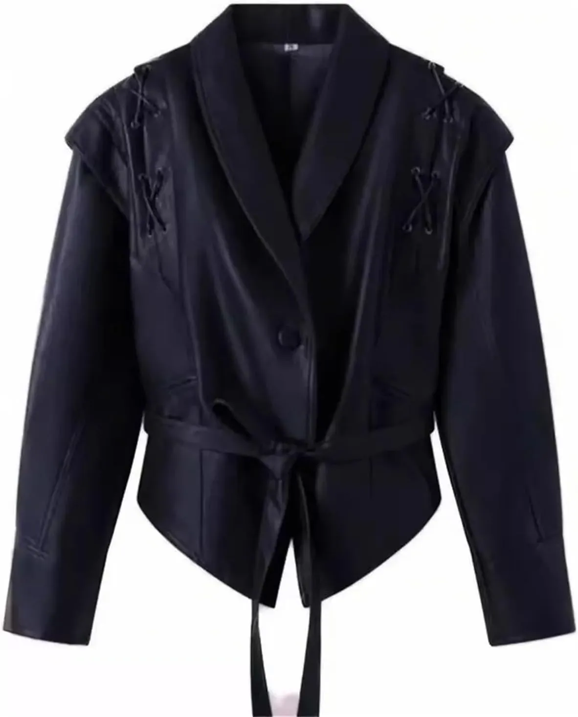Women's Retro Solid Color Lapel Lace Leather Jacket Long Sleeve Pocket Short Loose Jacket