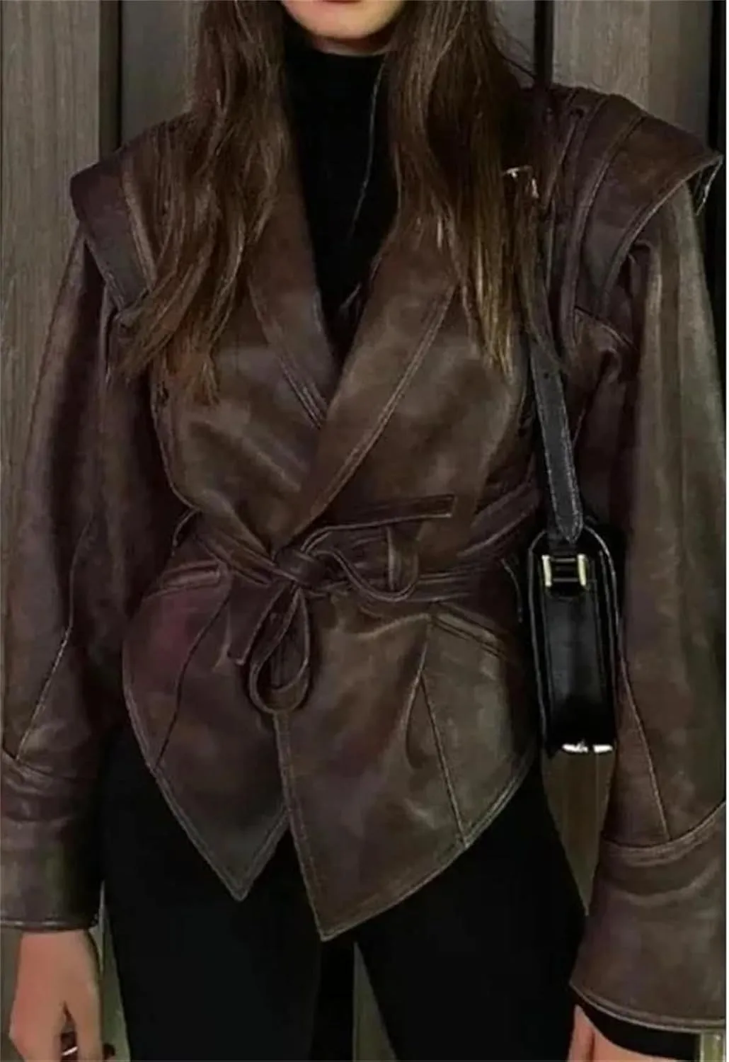 Women's Retro Solid Color Lapel Lace Leather Jacket Long Sleeve Pocket Short Loose Jacket