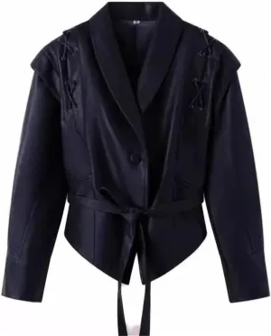 Women's Retro Solid Color Lapel Lace Leather Jacket Long Sleeve Pocket Short Loose Jacket