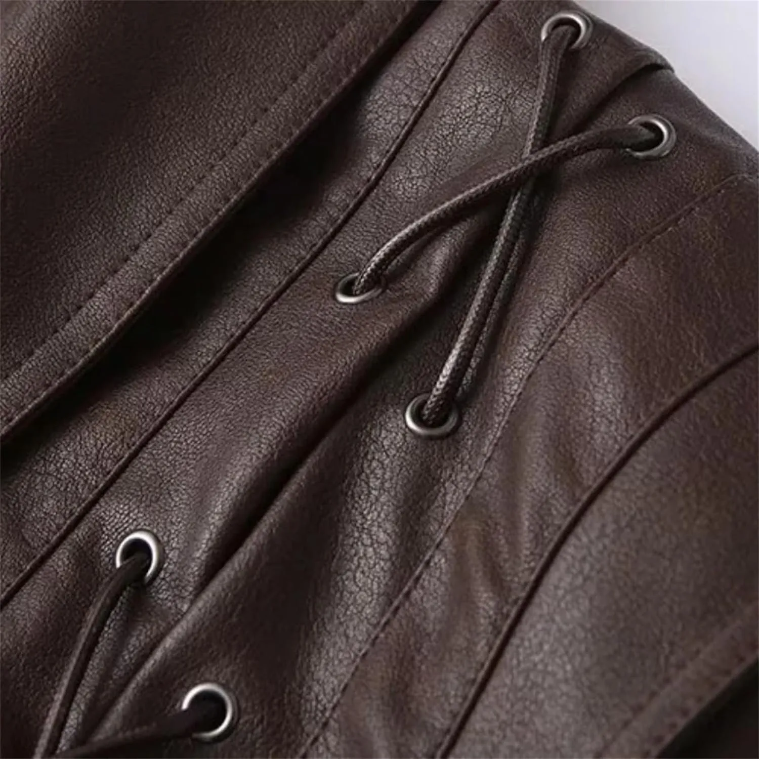 Women's Retro Solid Color Lapel Lace Leather Jacket Long Sleeve Pocket Short Loose Jacket