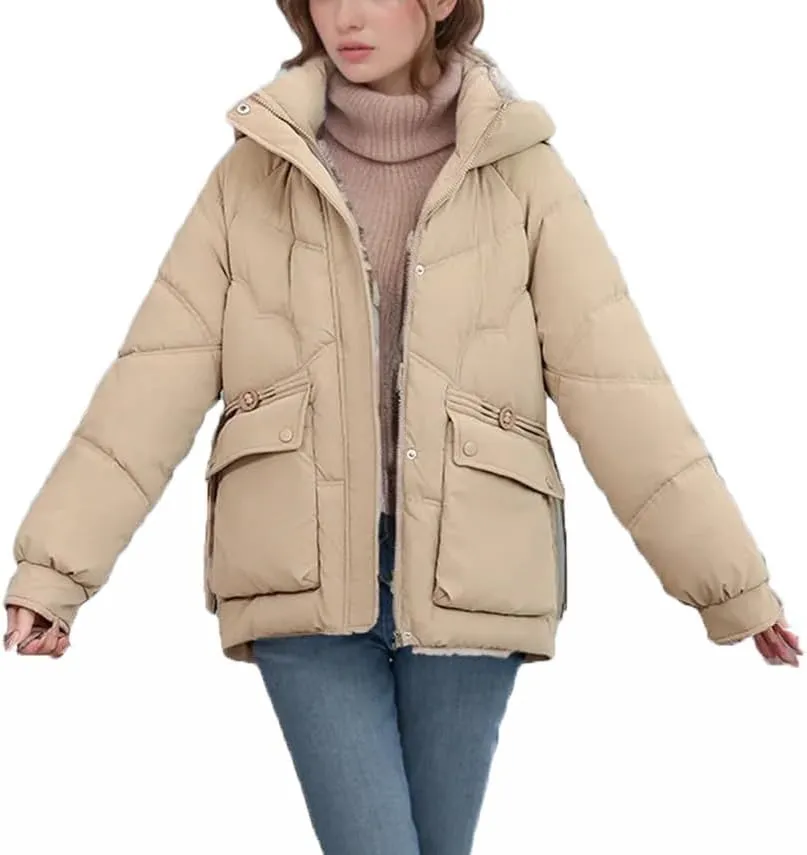 Women's Short solid Color Cotton Jacket Hooded Parkas Coats Thicken Warm Padded Jacket