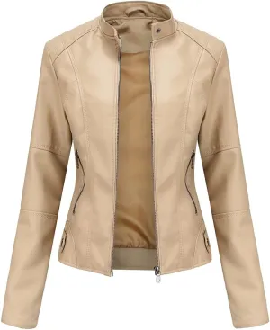 Women's slim fit leather Faux jacket,Women's Slim Stand-Up Solid Collar Color leather Faux jacket,Motorcycle Jacket