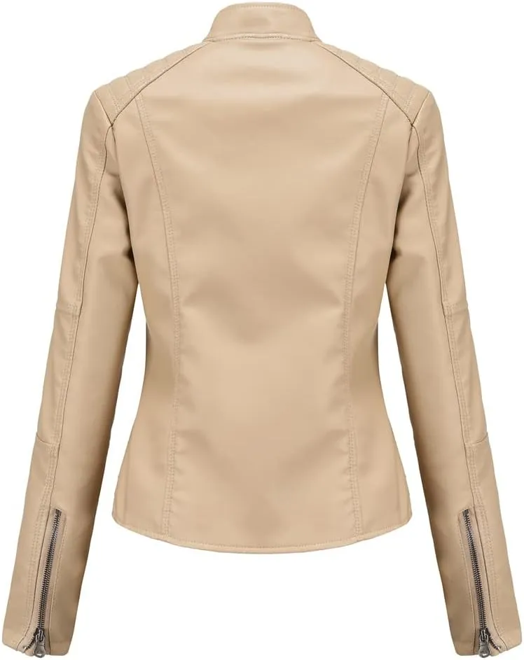 Women's slim fit leather Faux jacket,Women's Slim Stand-Up Solid Collar Color leather Faux jacket,Motorcycle Jacket