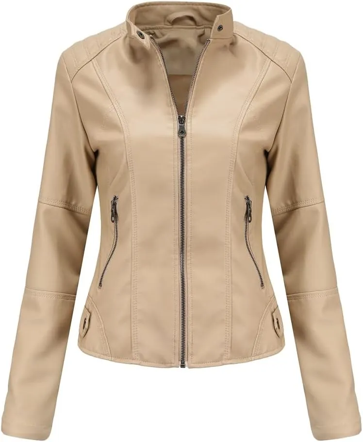Women's slim fit leather Faux jacket,Women's Slim Stand-Up Solid Collar Color leather Faux jacket,Motorcycle Jacket