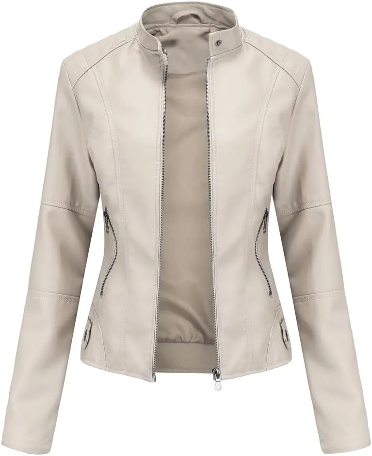 Women's slim fit leather Faux jacket,Women's Slim Stand-Up Solid Collar Color leather Faux jacket,Motorcycle Jacket