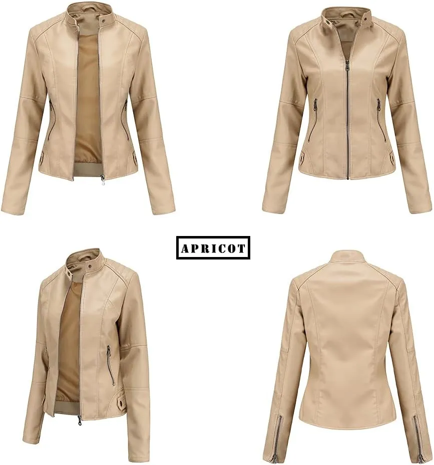 Women's slim fit leather Faux jacket,Women's Slim Stand-Up Solid Collar Color leather Faux jacket,Motorcycle Jacket