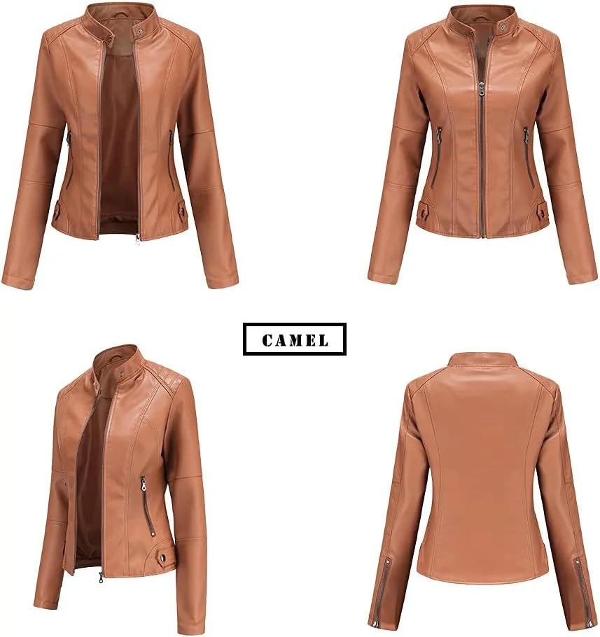 Women's slim fit leather Faux jacket,Women's Slim Stand-Up Solid Collar Color leather Faux jacket,Motorcycle Jacket