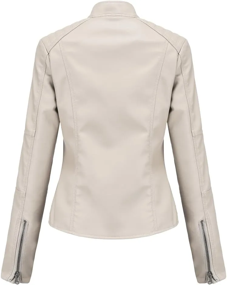 Women's slim fit leather Faux jacket,Women's Slim Stand-Up Solid Collar Color leather Faux jacket,Motorcycle Jacket