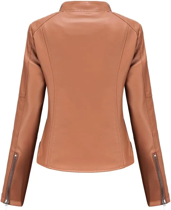 Women's slim fit leather Faux jacket,Women's Slim Stand-Up Solid Collar Color leather Faux jacket,Motorcycle Jacket