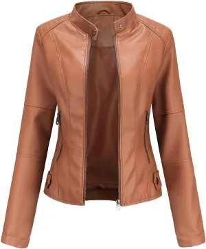 Women's slim fit leather Faux jacket,Women's Slim Stand-Up Solid Collar Color leather Faux jacket,Motorcycle Jacket