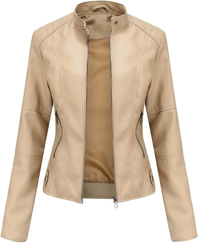 Women's slim fit leather Faux jacket,Women's Slim Stand-Up Solid Collar Color leather Faux jacket,Motorcycle Jacket