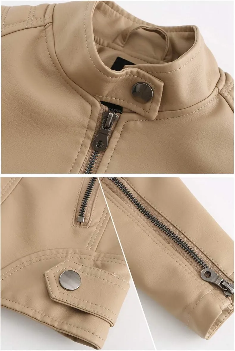 Women's slim fit leather Faux jacket,Women's Slim Stand-Up Solid Collar Color leather Faux jacket,Motorcycle Jacket