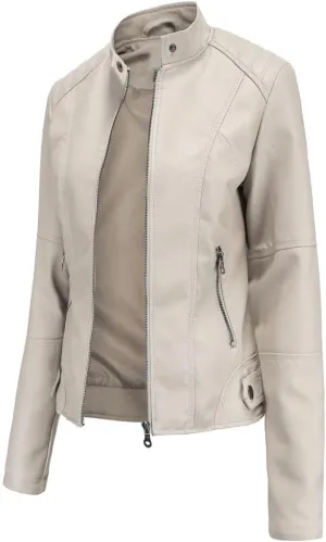Women's slim fit leather Faux jacket,Women's Slim Stand-Up Solid Collar Color leather Faux jacket,Motorcycle Jacket