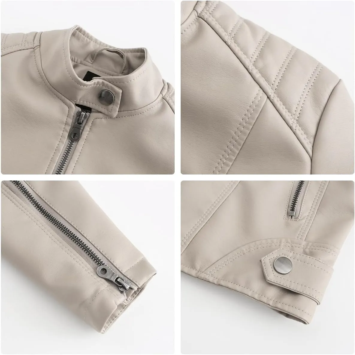 Women's slim fit leather Faux jacket,Women's Slim Stand-Up Solid Collar Color leather Faux jacket,Motorcycle Jacket