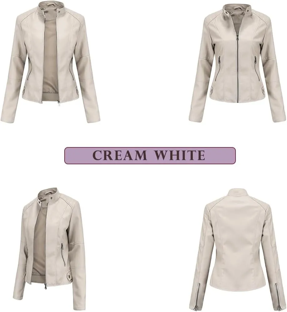 Women's slim fit leather Faux jacket,Women's Slim Stand-Up Solid Collar Color leather Faux jacket,Motorcycle Jacket