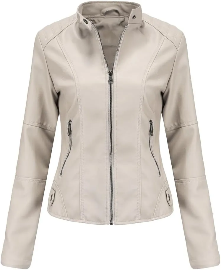 Women's slim fit leather Faux jacket,Women's Slim Stand-Up Solid Collar Color leather Faux jacket,Motorcycle Jacket