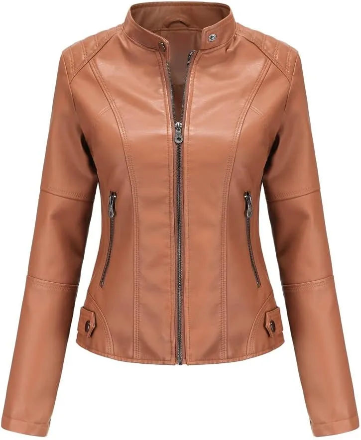 Women's slim fit leather Faux jacket,Women's Slim Stand-Up Solid Collar Color leather Faux jacket,Motorcycle Jacket