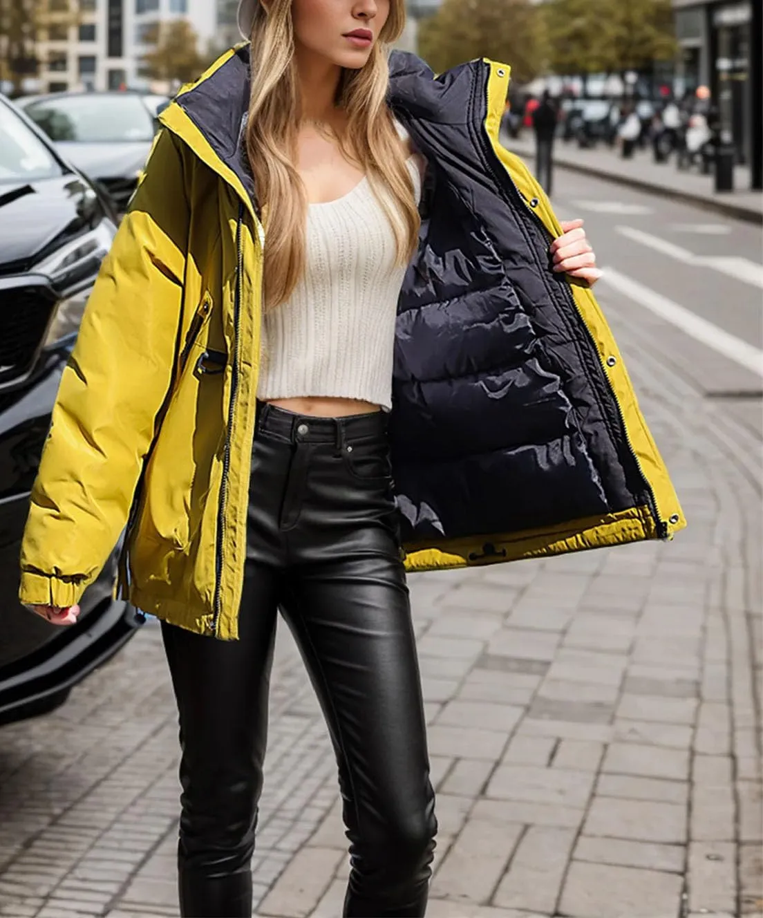 Women's Solid Outdoor Zipper Parkas Coats Long Sleeve Vintage Hooded Pockets Cotton-Padded Jacket