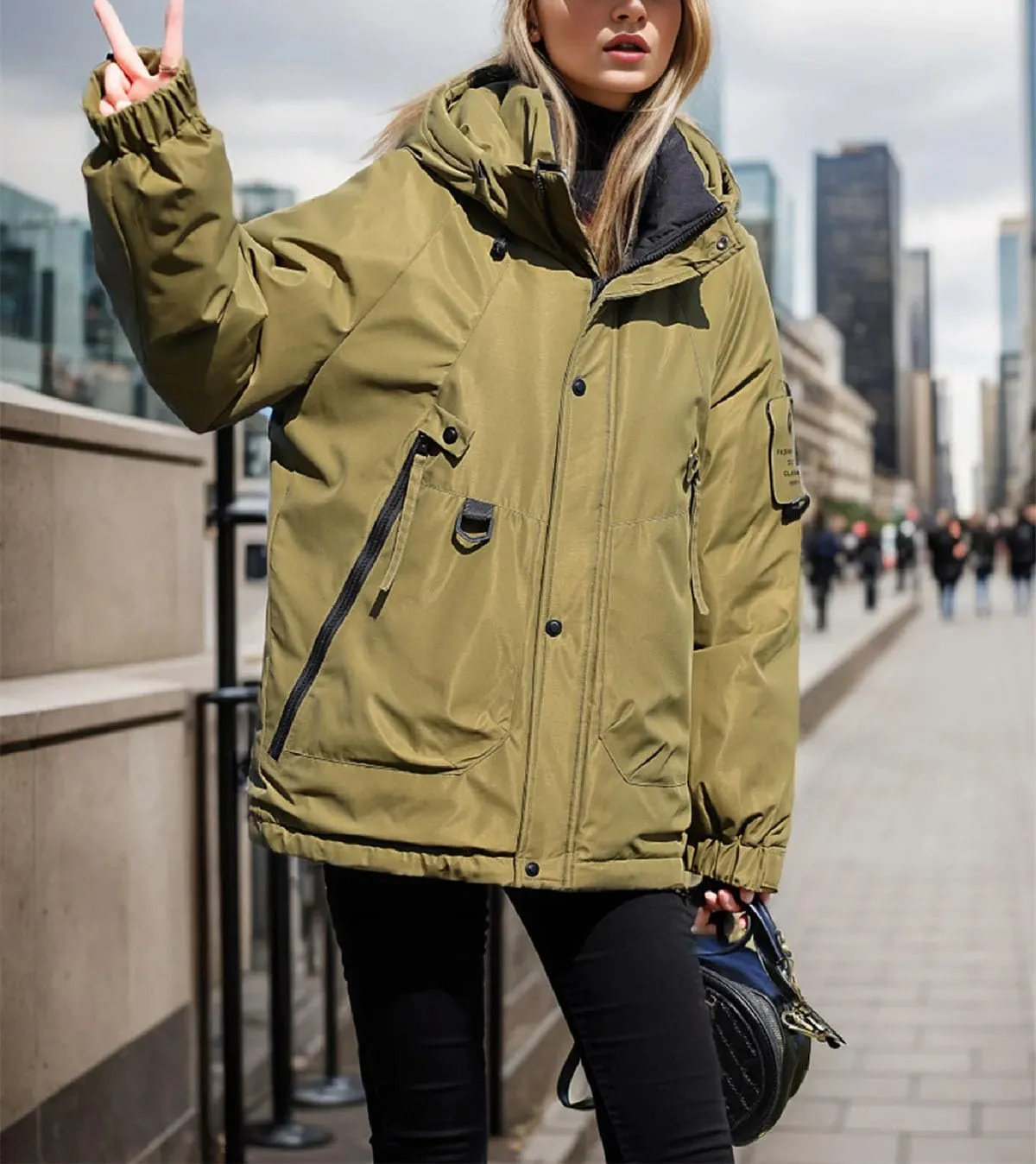 Women's Solid Outdoor Zipper Parkas Coats Long Sleeve Vintage Hooded Pockets Cotton-Padded Jacket