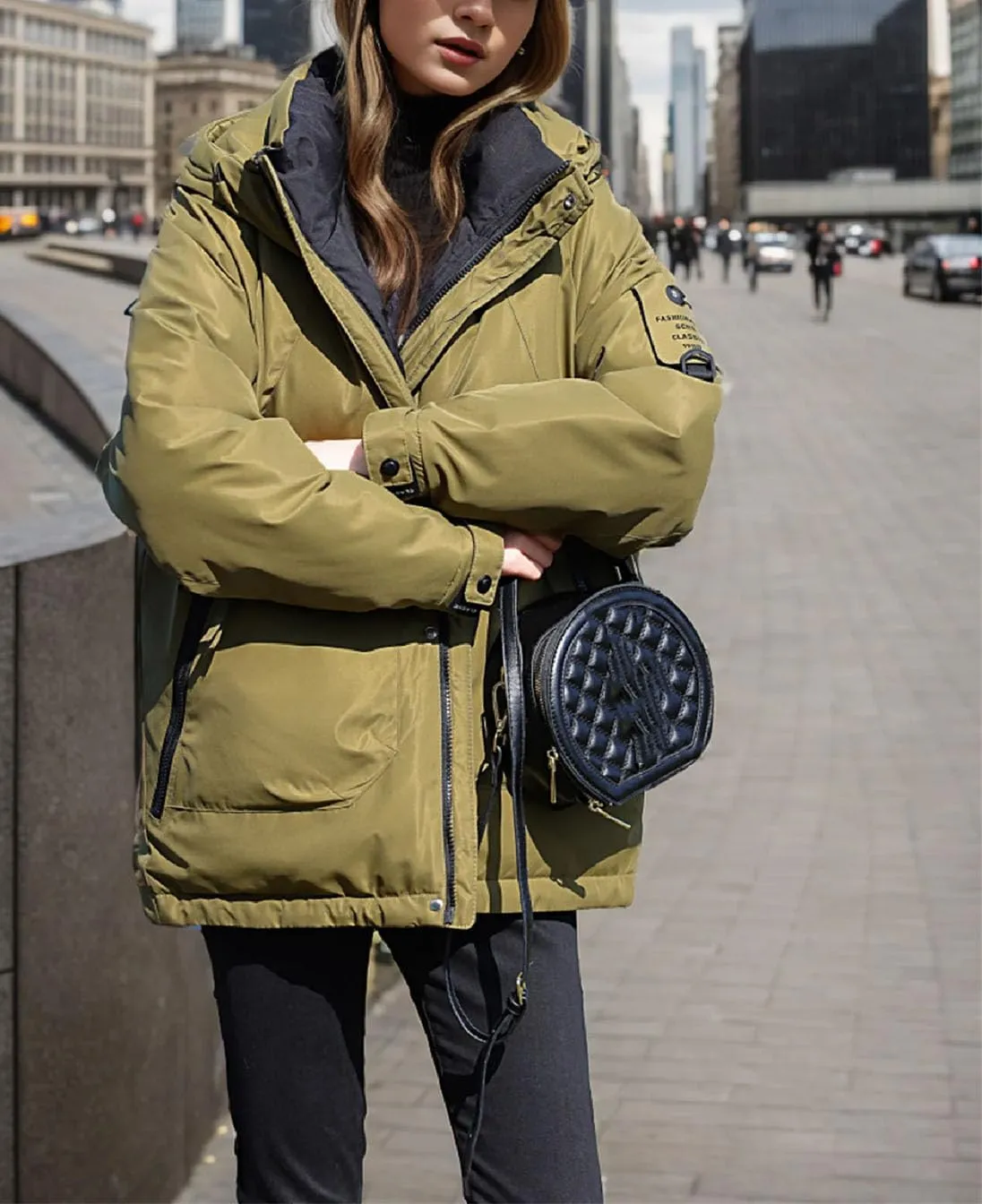 Women's Solid Outdoor Zipper Parkas Coats Long Sleeve Vintage Hooded Pockets Cotton-Padded Jacket