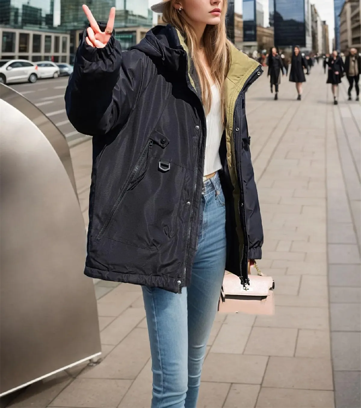 Women's Solid Outdoor Zipper Parkas Coats Long Sleeve Vintage Hooded Pockets Cotton-Padded Jacket