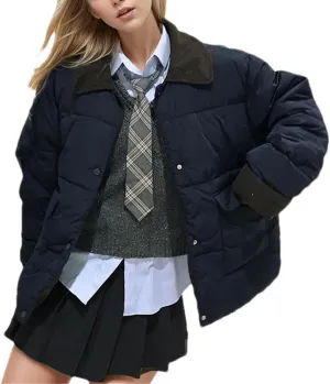 Women's Solid Pockets Short Parkas Coats Vintage Contrast Corduroy Lapel Cotton-Padded Jacket