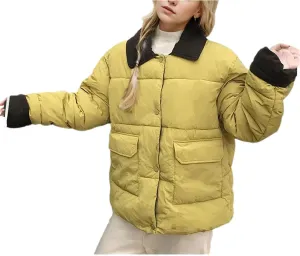 Women's Solid Pockets Short Parkas Coats Vintage Contrast Corduroy Lapel Cotton-Padded Jacket