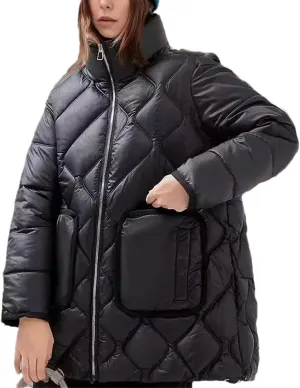 Women's Solid Pockets Stripes Parkas Coats Vintage Zipper High Collar Cotton-Padded Jacket