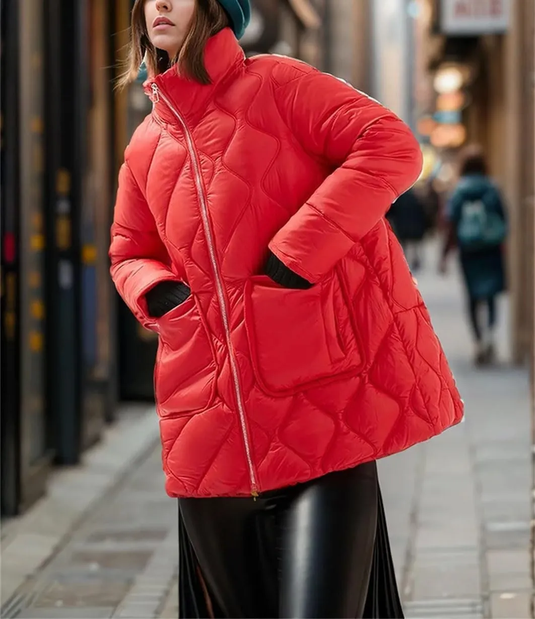 Women's Solid Pockets Stripes Parkas Coats Vintage Zipper High Collar Cotton-Padded Jacket