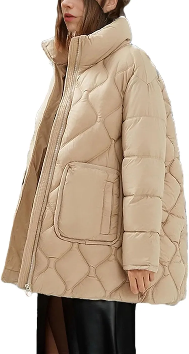Women's Solid Pockets Stripes Parkas Coats Vintage Zipper High Collar Cotton-Padded Jacket