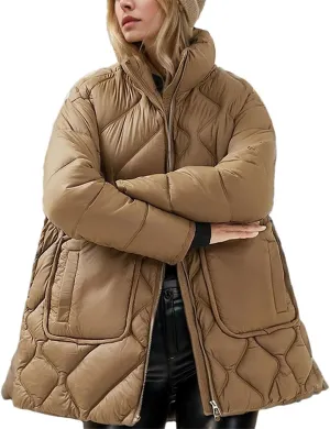 Women's Solid Pockets Stripes Parkas Coats Vintage Zipper High Collar Cotton-Padded Jacket