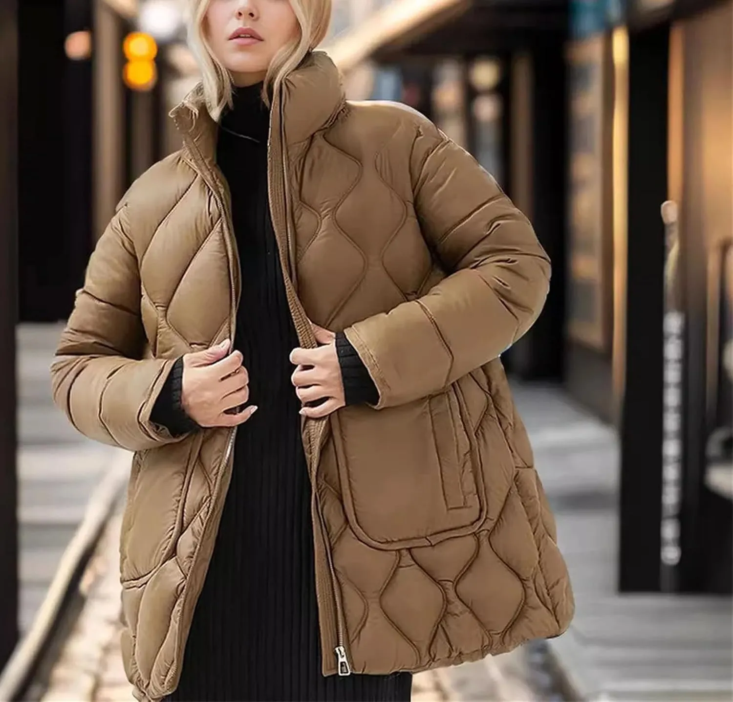 Women's Solid Pockets Stripes Parkas Coats Vintage Zipper High Collar Cotton-Padded Jacket