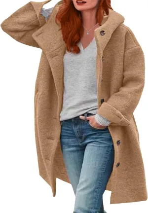 Womens Stand Collar Single Breasted Long Hooded Coats Winter Vintage Long Sleeve Thick Tweed Jackets with Pockets