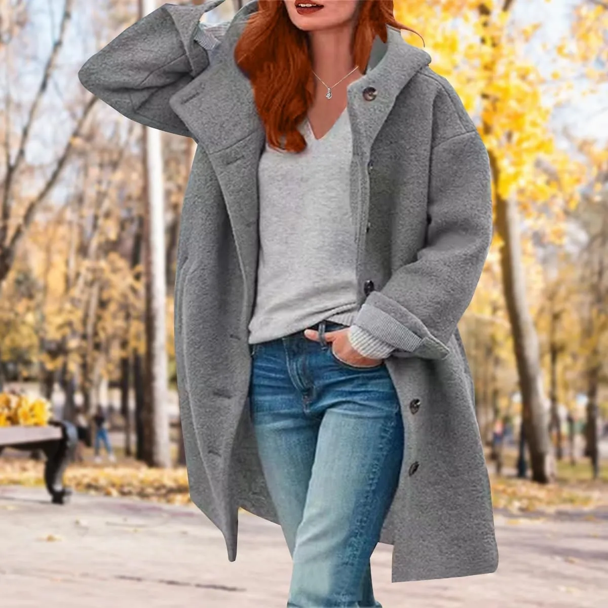 Womens Stand Collar Single Breasted Long Hooded Coats Winter Vintage Long Sleeve Thick Tweed Jackets with Pockets